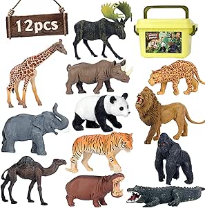 サファリ 動物おもちゃフィギュア、12個リアル ジャンボワイルドジャングル 動物の置物、大きいアフリカ動物園 動物フィギュア セット