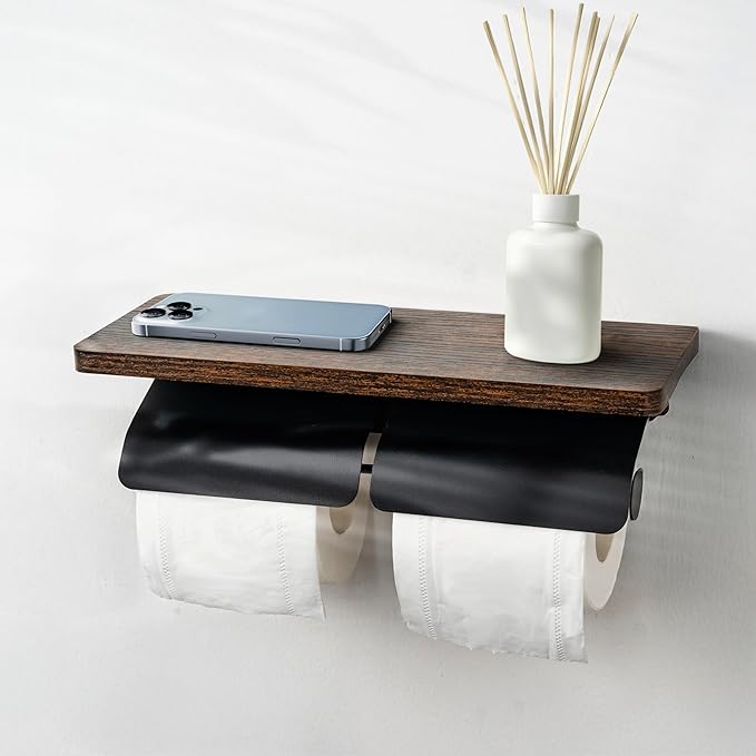 トイレットペーパーホルダー 木製 棚付き スマホ置き インテリア 賃貸 DIY おしゃれ 2連 簡単設置 補充楽 飾り棚 ペーパーホルダー 収納対応紙巻器