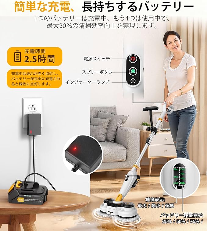 電動モップ&スクラバー 2in1 コードレス - 画像 (5)